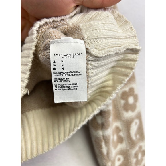 American Eagle Cropped Cardigan Sweater Yin Yang Flower Print Beige Cream M - Picture 5 of 9